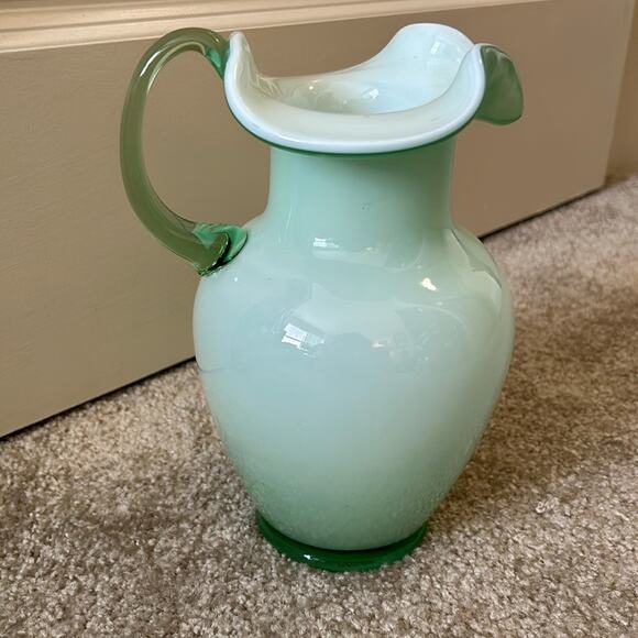 Mouth Blown Cased Green and White Glass Pitcher 9” Light green glass with white - Picture 1 of 6